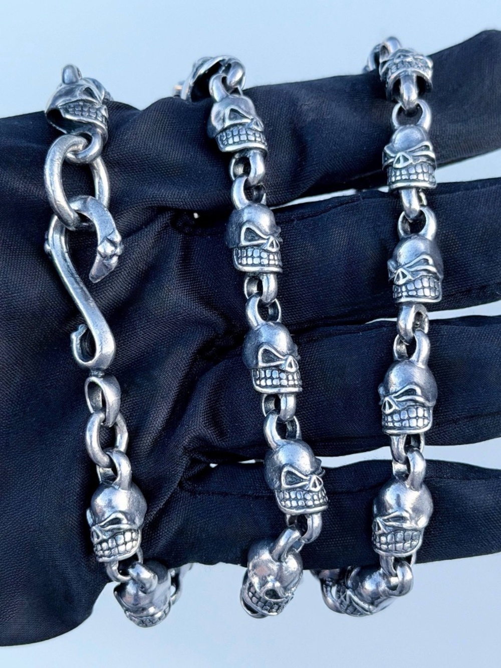 925 Solid Sterling Silver Angry Skull Beads Link Death Necklace Chain 25” 8.5mm